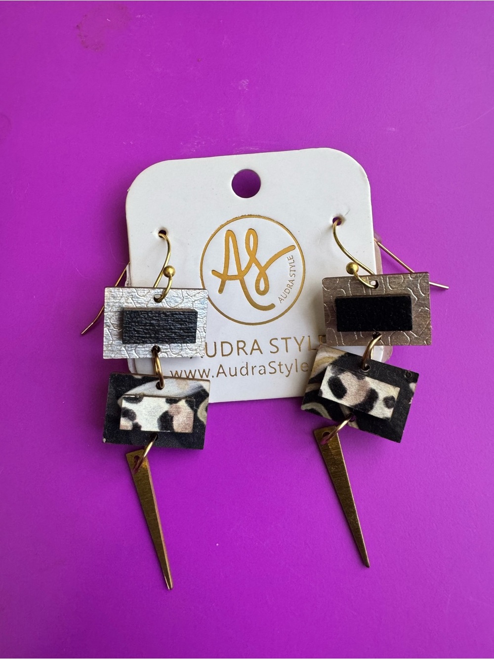 Leopard Print Gold Spike Drop Earrings - Black & Gold
